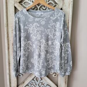 Emily Daniels Women's Plus Size Long Puff Sleeve Knit Top Rhinestone Floral Grey